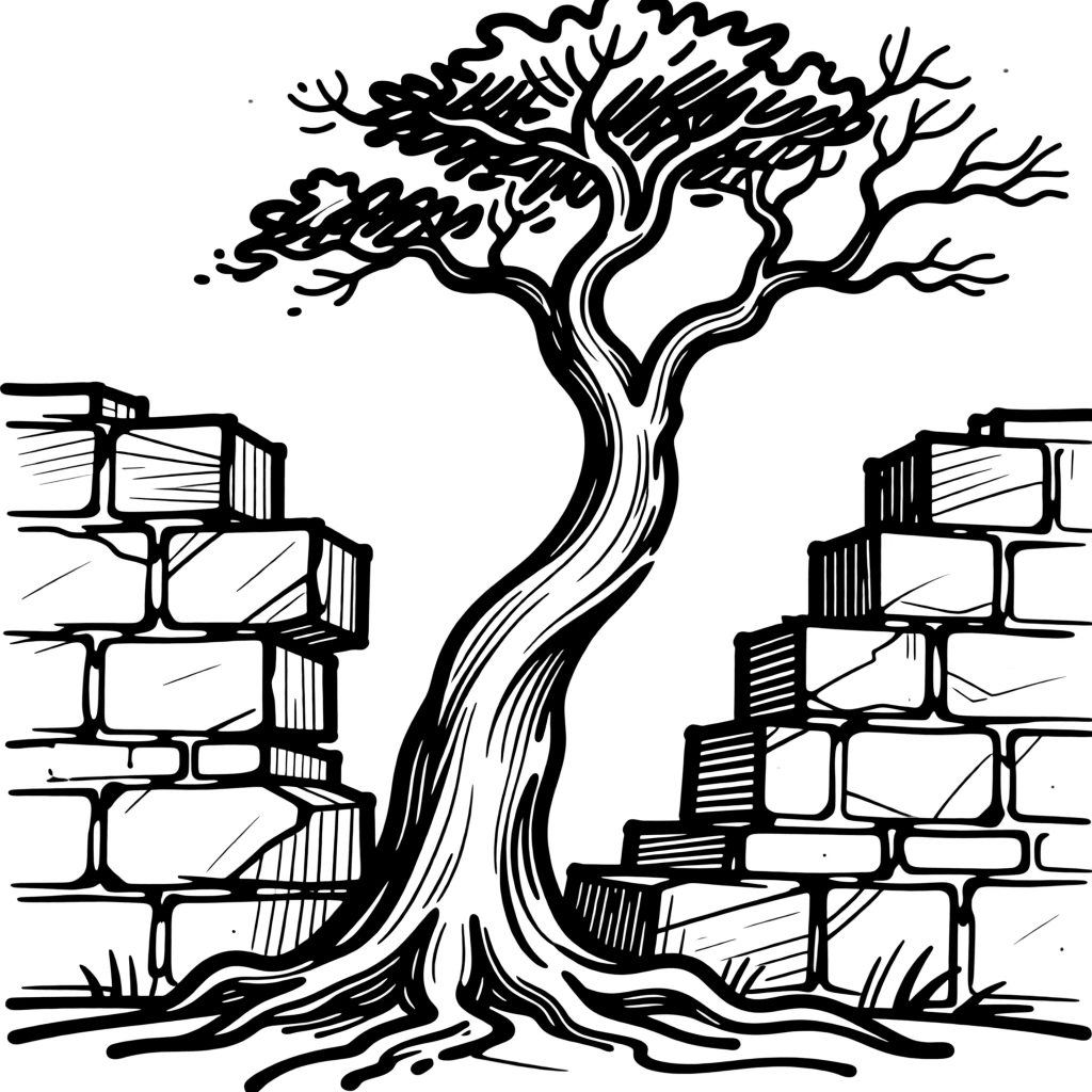 A single tree growing through the ruins of an old stone wall.
