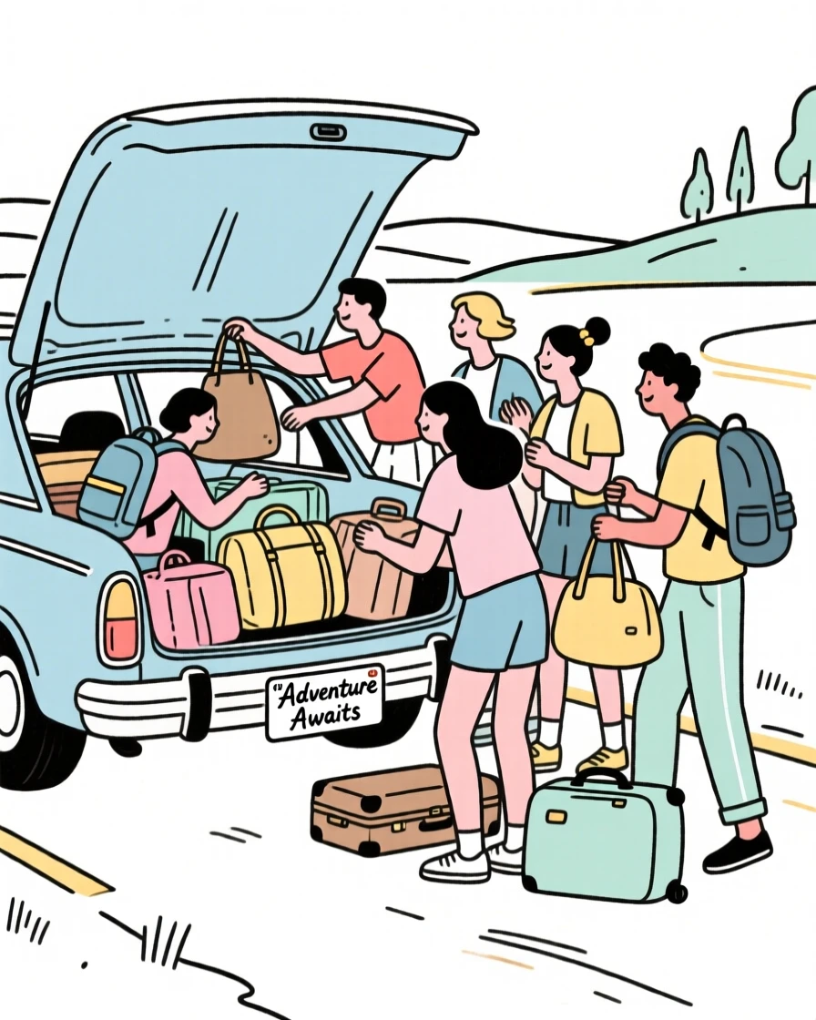 A group of friends packing a car for a scenic road trip.