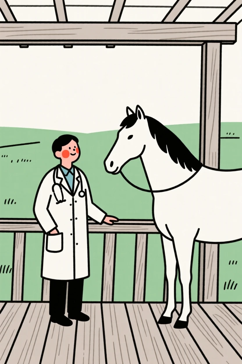 A veterinarian with a horse in a green pasture, exuding gentle warmth, on a rustic wooden porch.