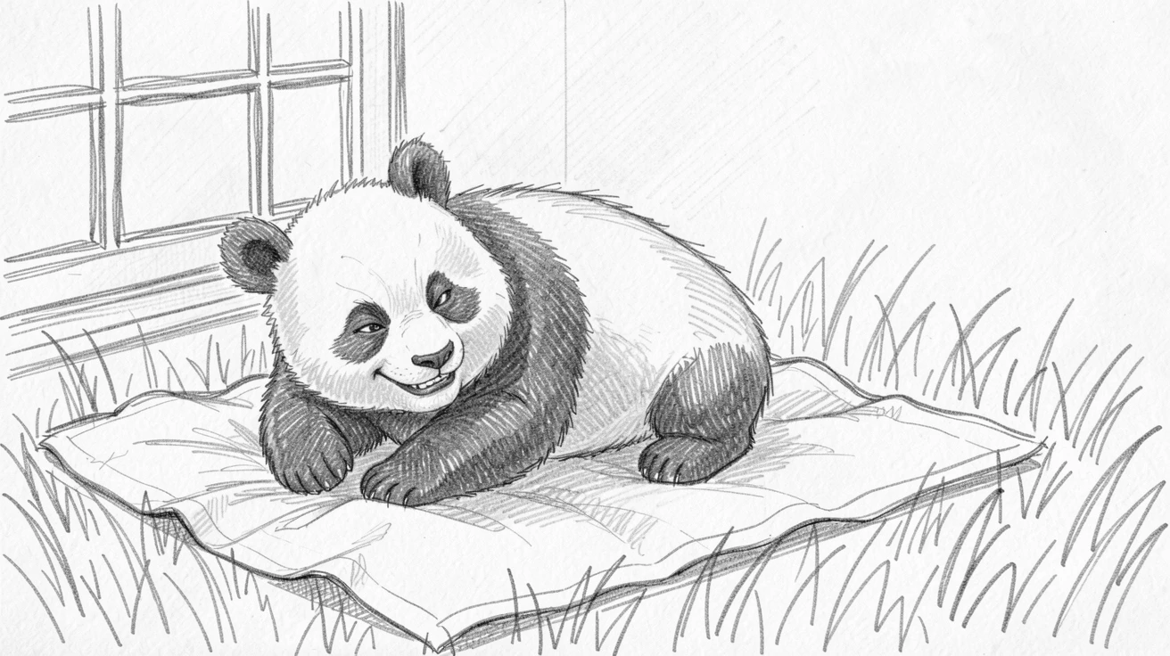 A baby panda tumbling in the grass, on a cozy blanket by a window, with a playful, mischievous expression.