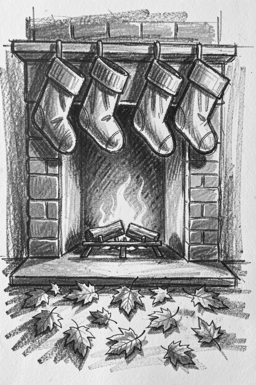 A quiet Christmas morning with stockings by the fireplace, with autumn leaves scattered underfoot.