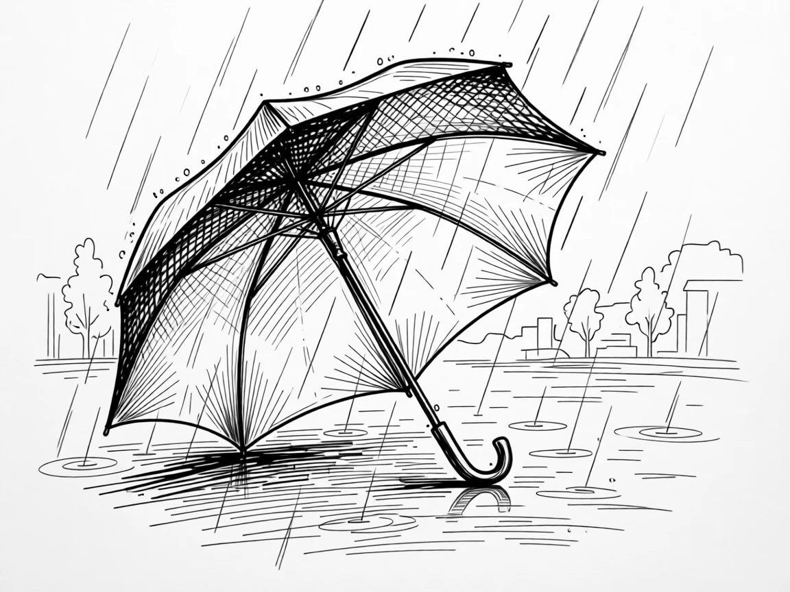 A single umbrella standing open against a gentle rain shower.