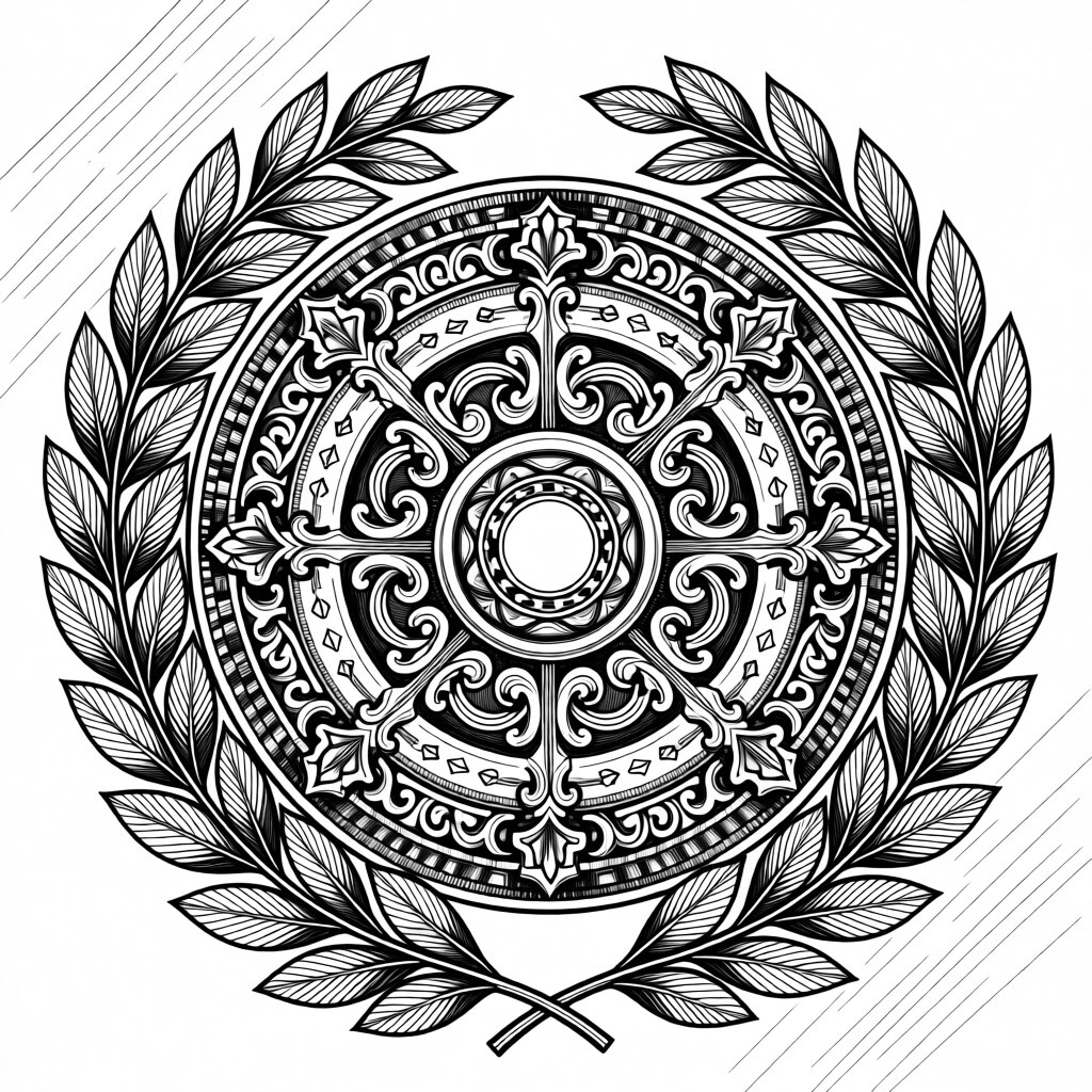 A decorative medallion framed by laurel branches composed with careful geometric precision, with delicate details layered at every scale, forming a richly ornamental decorative composition.