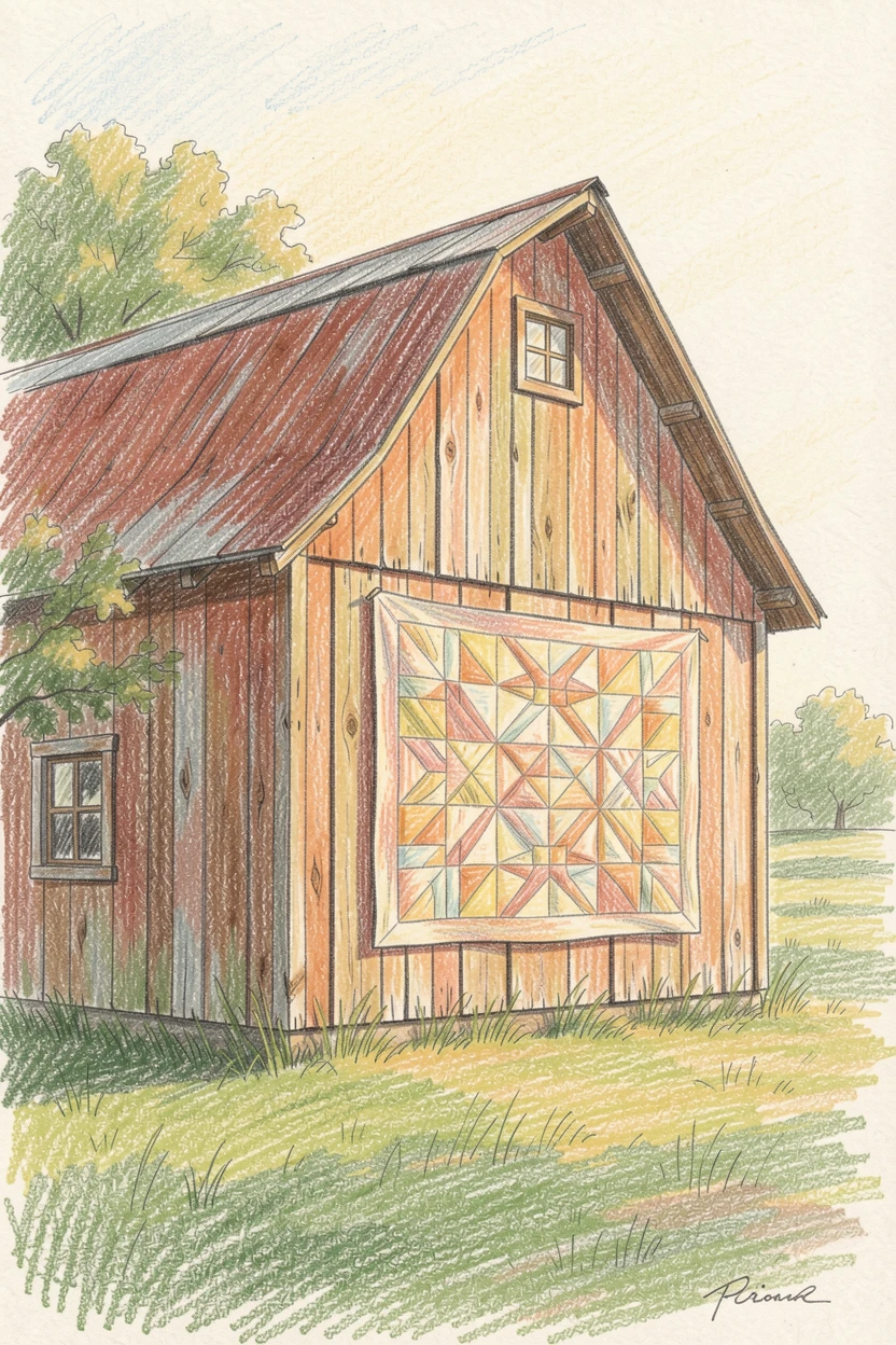 A rustic countryside barn with a quilt pattern painted on its side, bathed in the warm glow of golden-hour light, celebrating a moment people would love to revisit.