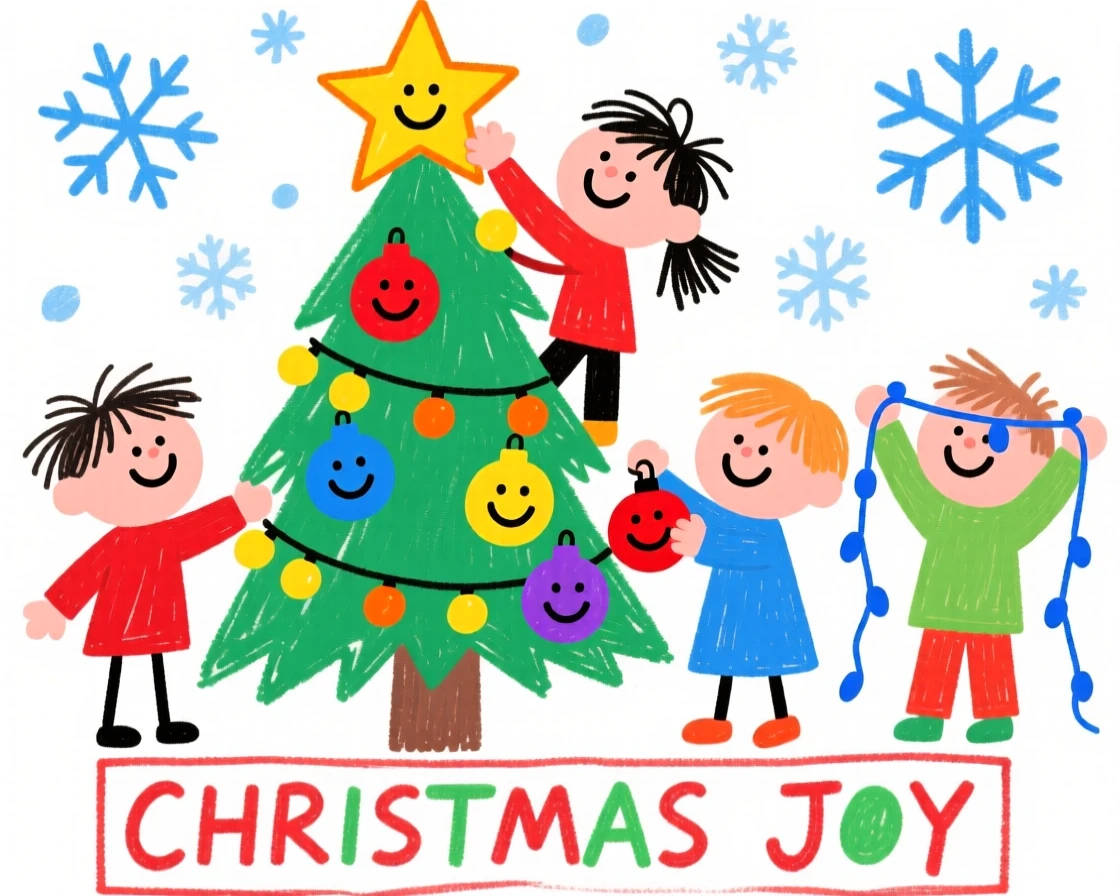 Children decorating a Christmas tree with twinkling lights and ornaments.