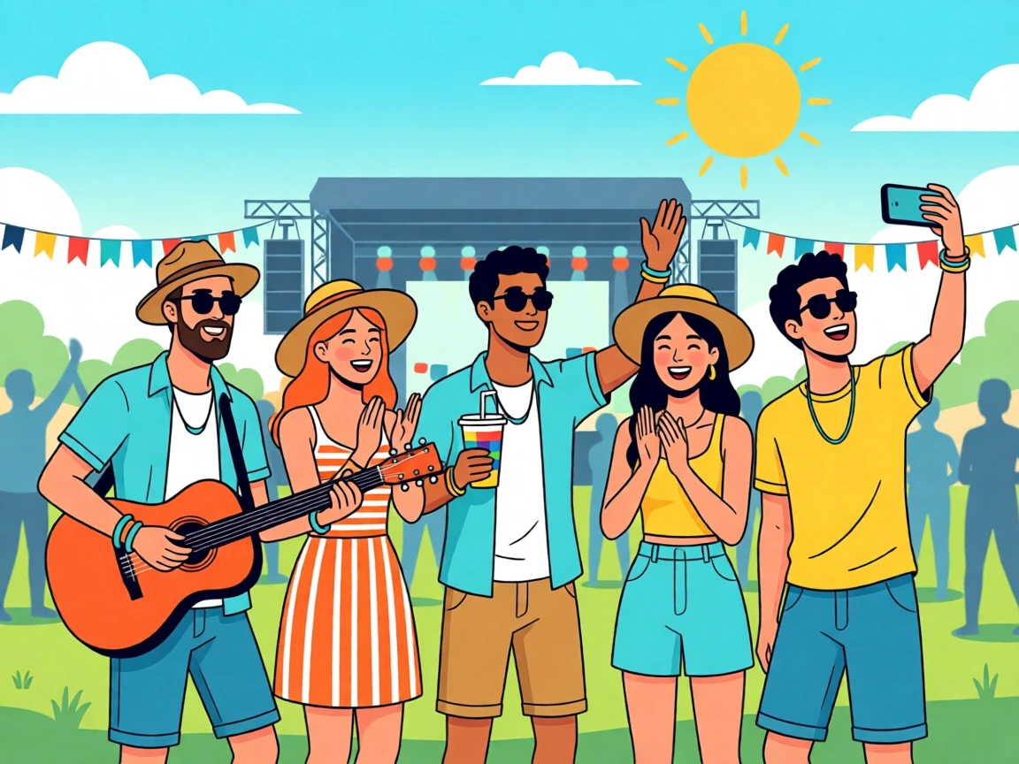 A group of friends attending an outdoor summer music festival, surrounded by a lively, youthful energy, arranged with a trendy, effortlessly stylish balance, with vibrant, trendy colors that feel fresh and current.
