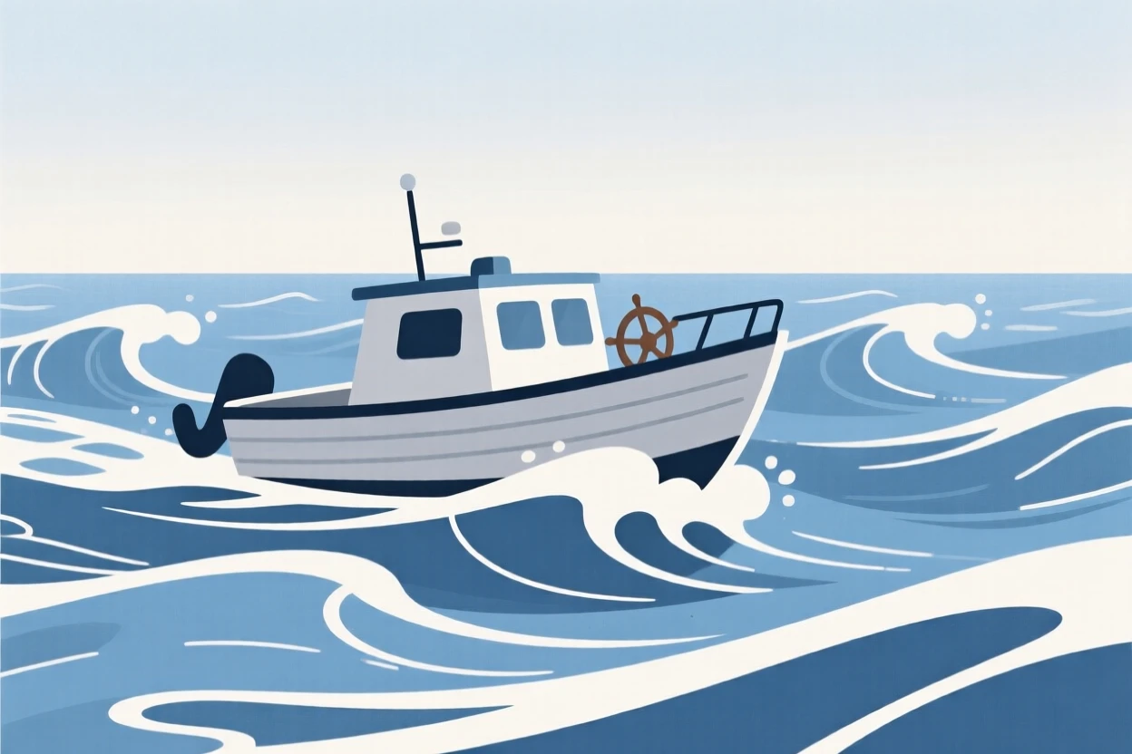 A small boat steering steadily through choppy ocean waves.