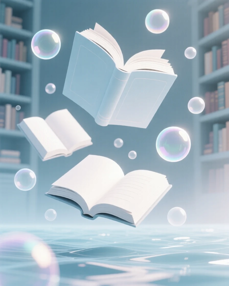 A magical library with floating books nestled within an ocean of soft light, glowing near drifting soap bubbles, full of whimsical fantasy.