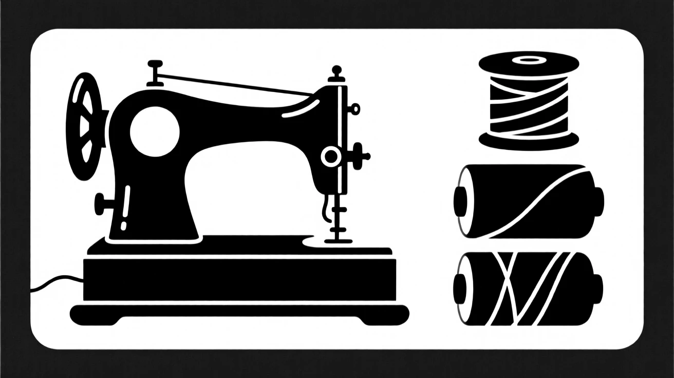 An antique sewing machine beside spools of thread.