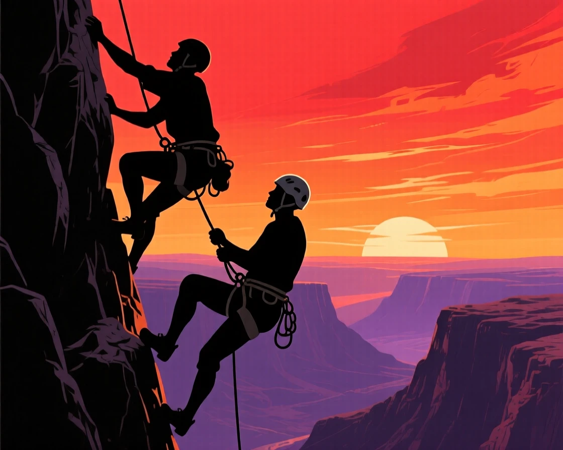 A pair of climbers pausing to admire a vast canyon view mid-ascent.