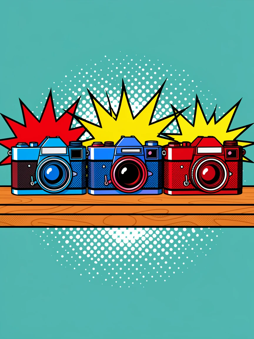 A row of vintage cameras on a wooden shelf