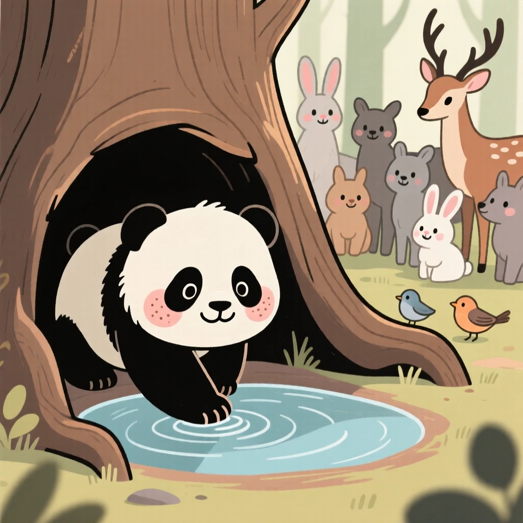 A young panda cub explores a hollow tree for the first time, testing the water with one paw while a nearby herd watches with gentle patience.