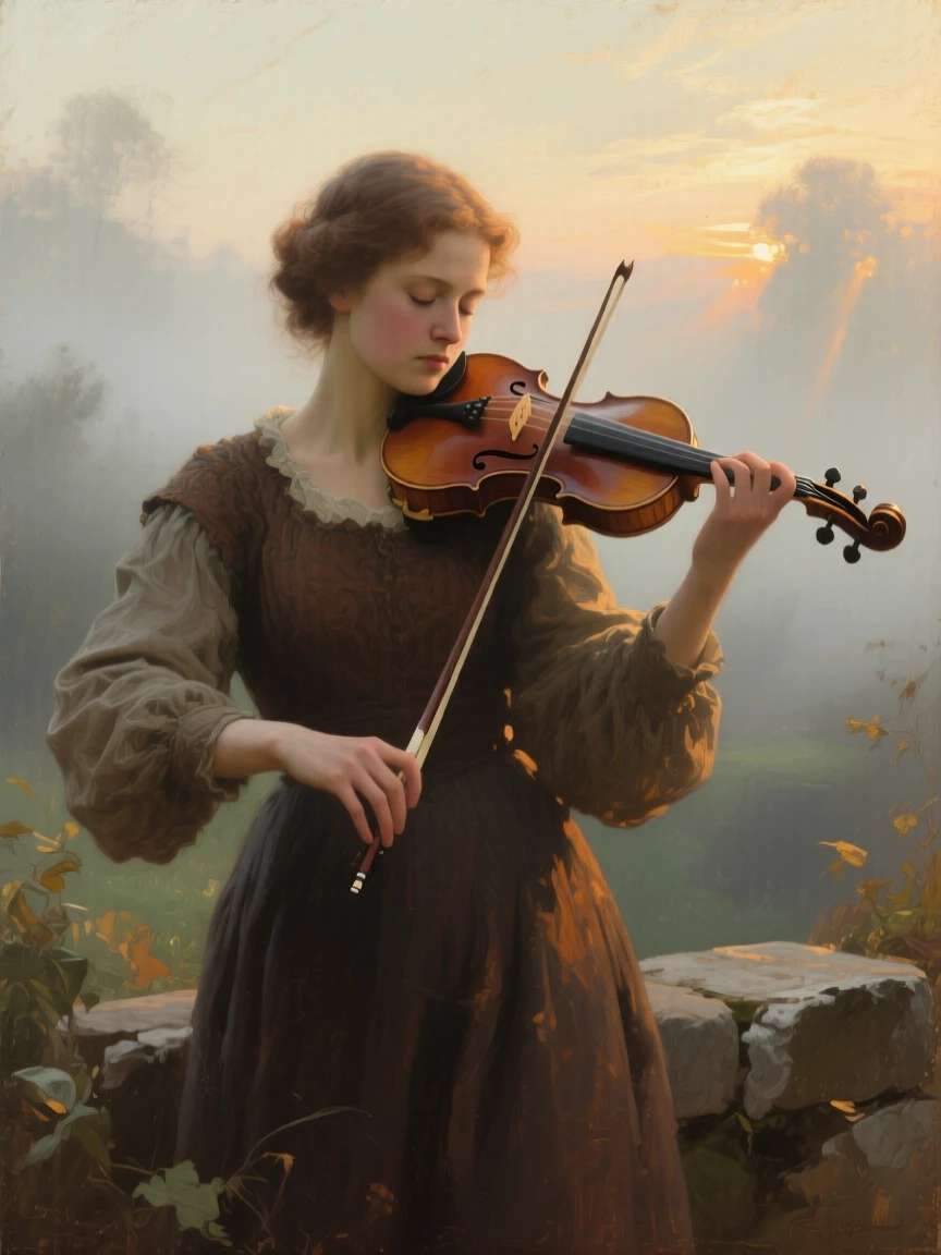 A medium shot of a violinist pausing mid-performance, eyes closed in concentration, in early morning light, in a light morning mist.