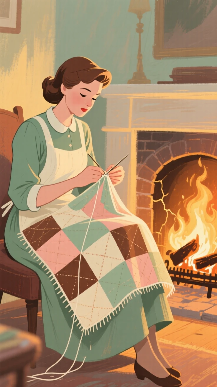 A quilter stitching patchwork squares beside a crackling hearth