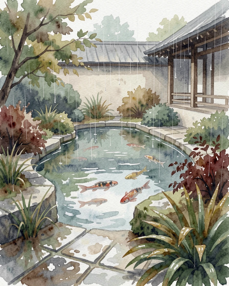 A quiet monastery garden with a koi pond in gentle rain.