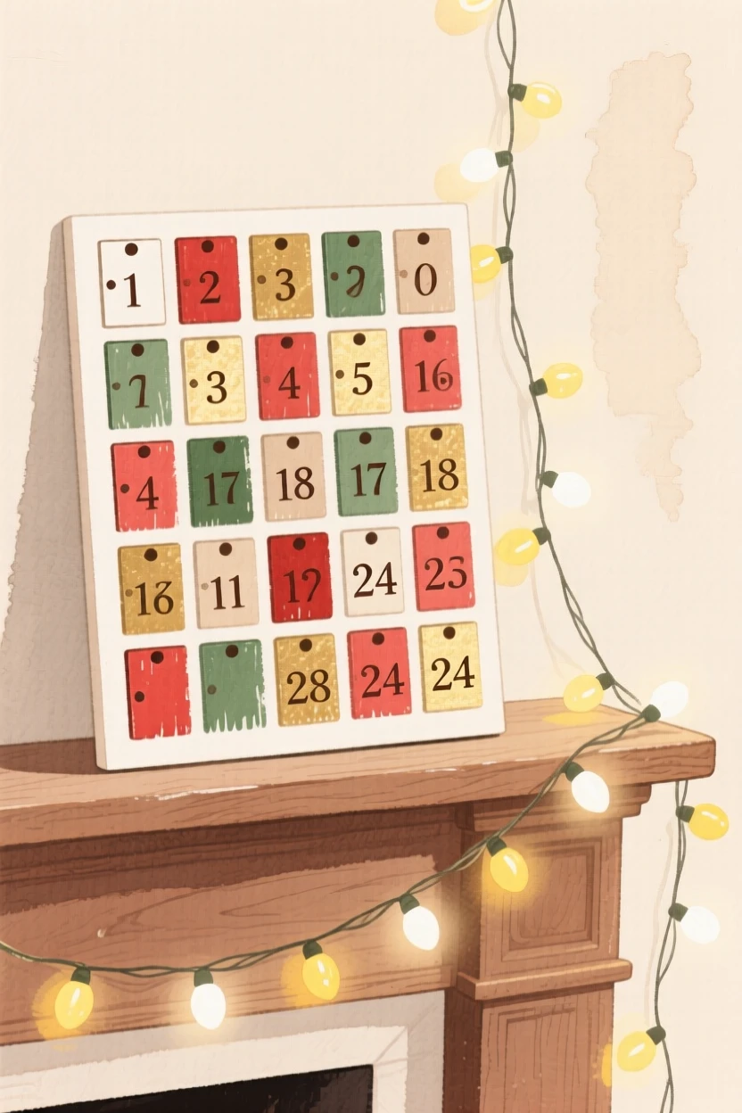 An advent calendar with tiny numbered doors sits on a mantel beside a string of twinkling lights