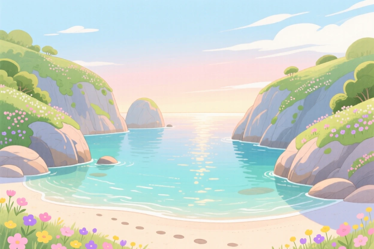A panoramic scene of a secluded cove with crystal-clear water at first light in spring.
