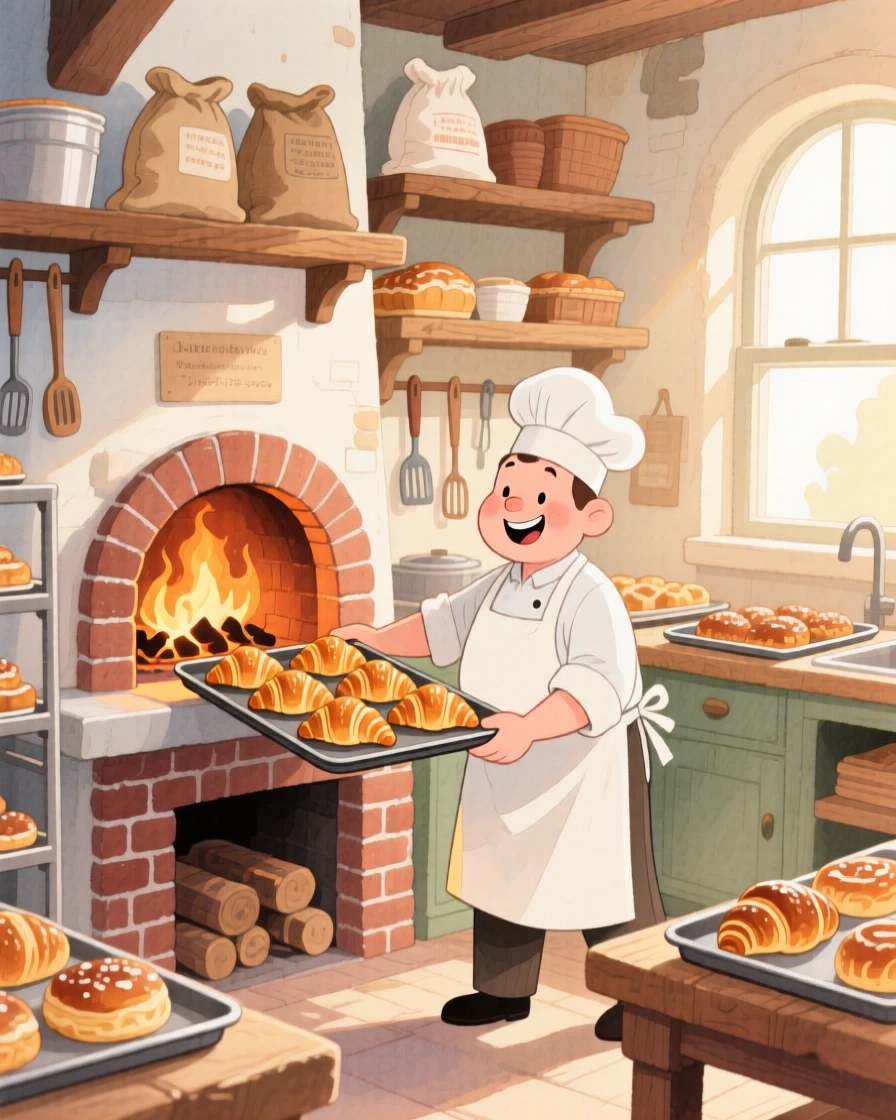 A baker pulling a tray of golden croissants from a brick oven, radiating delicious coziness.