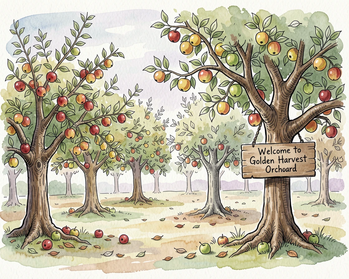 A quiet apple orchard heavy with ripening fruit in late summer, the air still and cool with the promise of a new day.