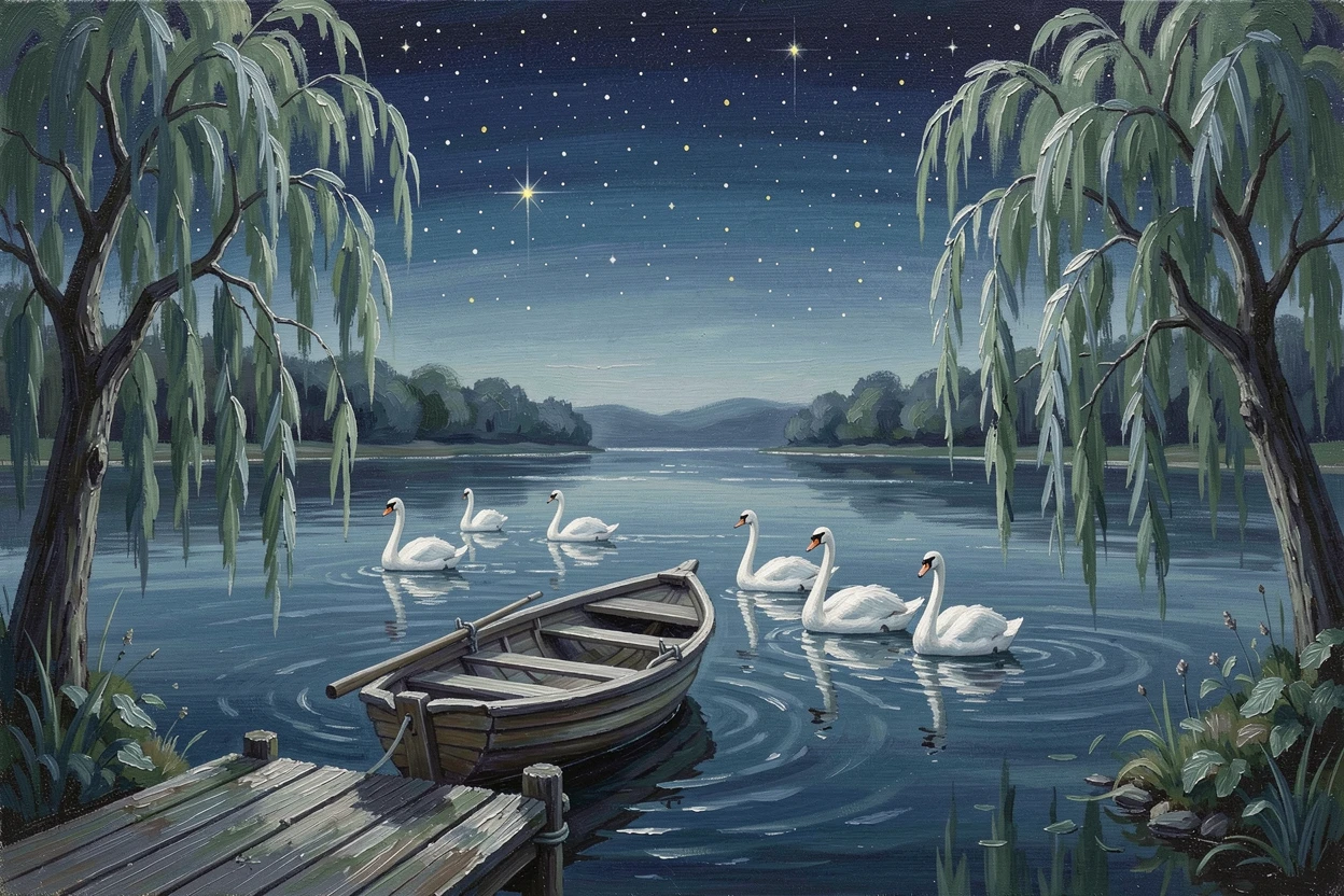 A small wooden rowboat tied to a dock, flanked by weeping willows trailing into the water, a family of swans gliding across the still surface, under a canopy of stars, the water rippling faintly.