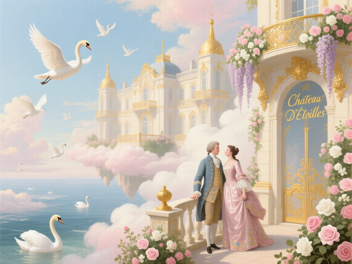 A palace drifting above clouds with swans flying through its flowering terraces  