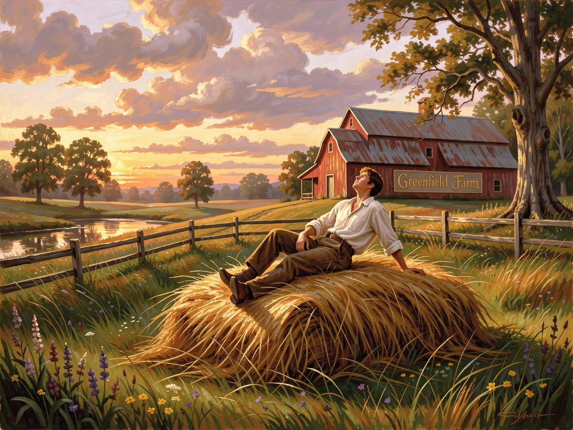 A farmhand rests atop a haystack, watching clouds drift by.