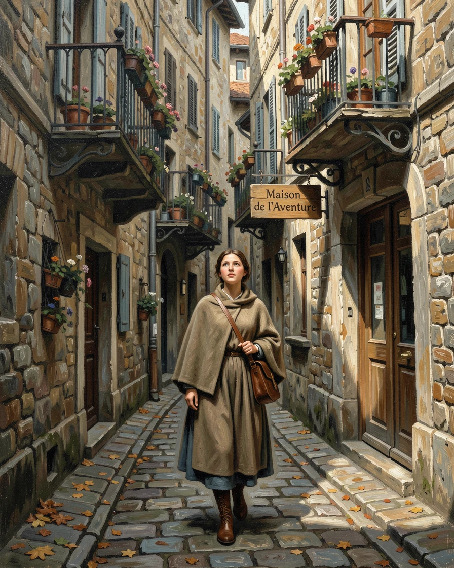 A traveler wandering the narrow, colorful streets of a historic old town, with a sense of freedom and wonder evident in every detail, capturing the excitement, freedom, and wonder of travel