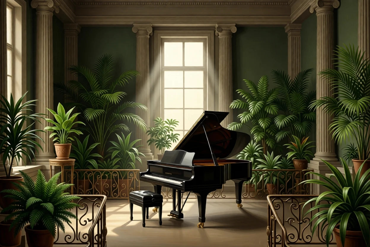 An elegant conservatory filled with exotic plants and wrought iron awaiting the arrival of guests soon to fill its halls, set inside a grand academy of art and learning, with a single grand piano standing beneath a shaft of window light; strong vertical lines of columns lead the eye upward toward the light, evoking timeless grandeur and quiet reverence.