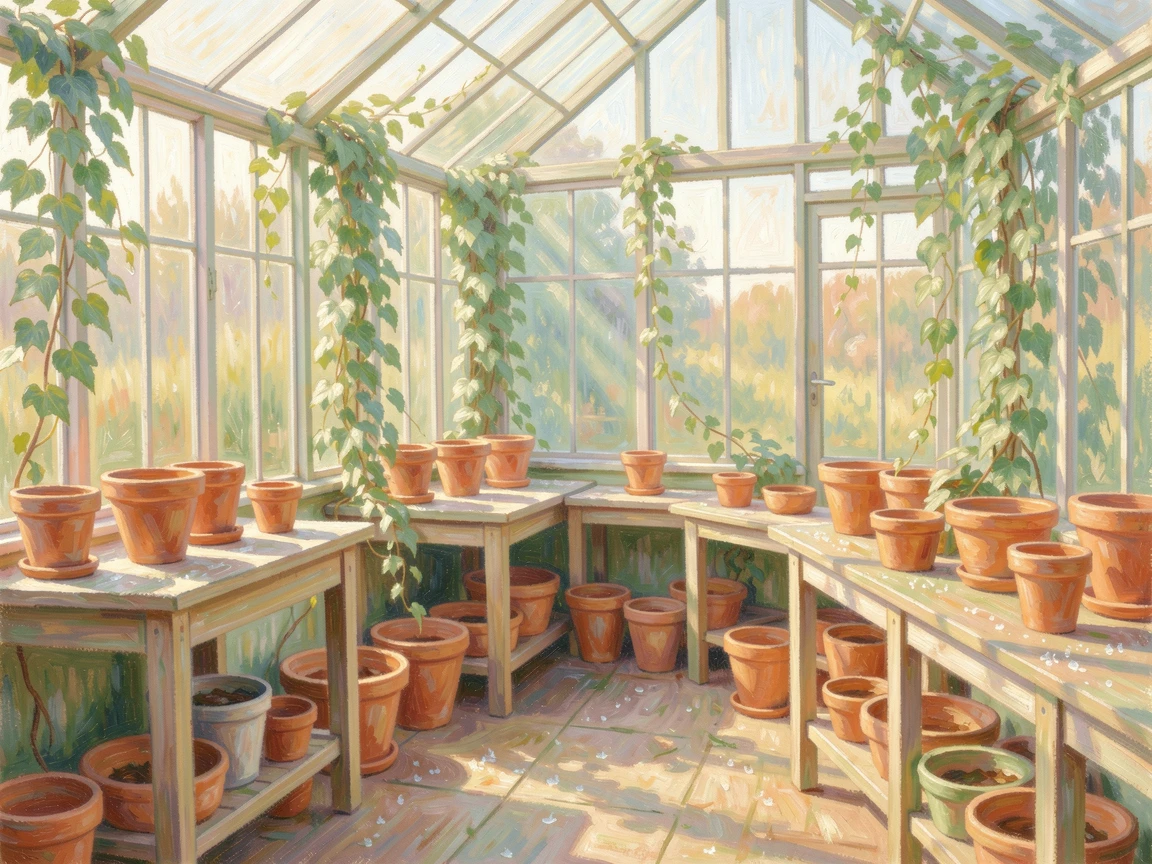 A sunlit greenhouse filled with potting benches, terracotta pots, and trailing ivy along glass panes, in the gentle hush of early morning.