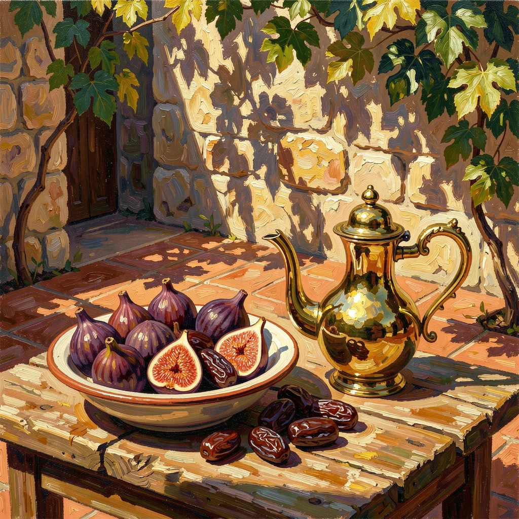 A bowl of figs and dates arranged beside a brass teapot in a sunlit courtyard.