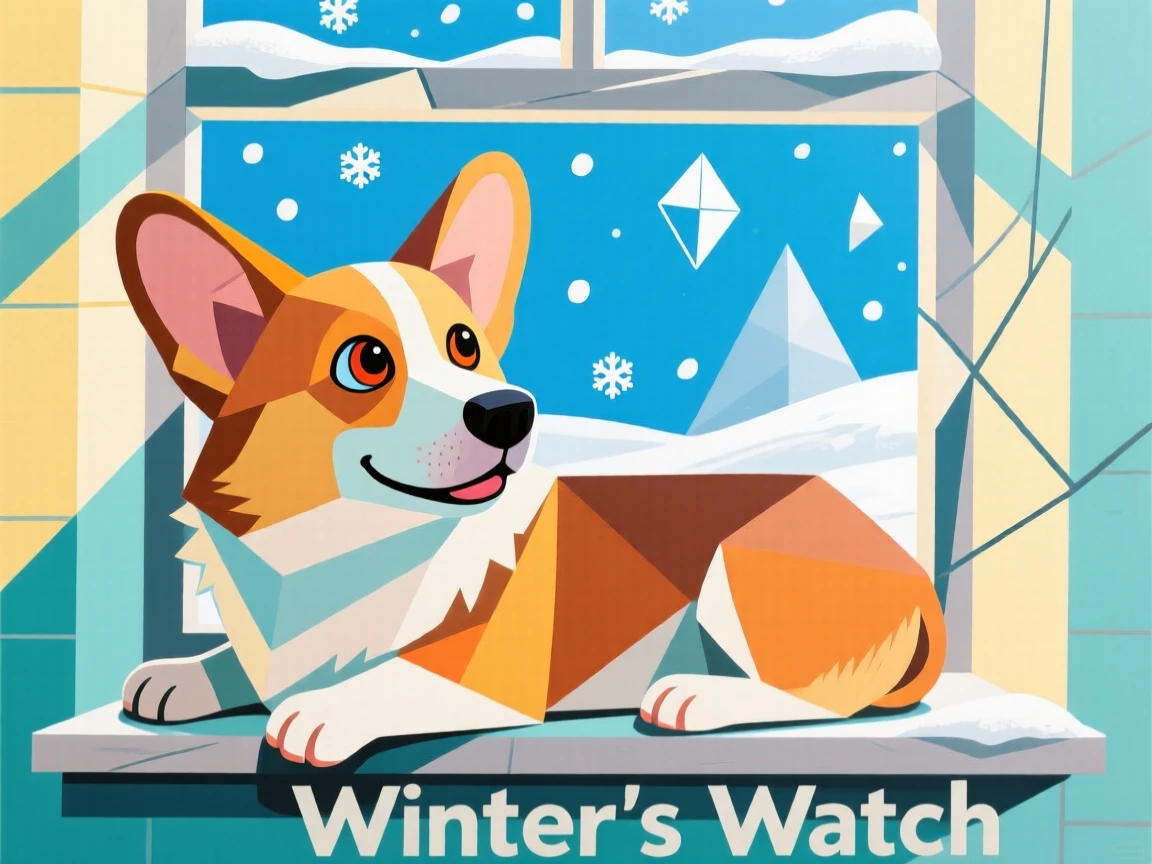 A charming close-up of a playful corgi resting on a windowsill watching falling snow on a bright afternoon.