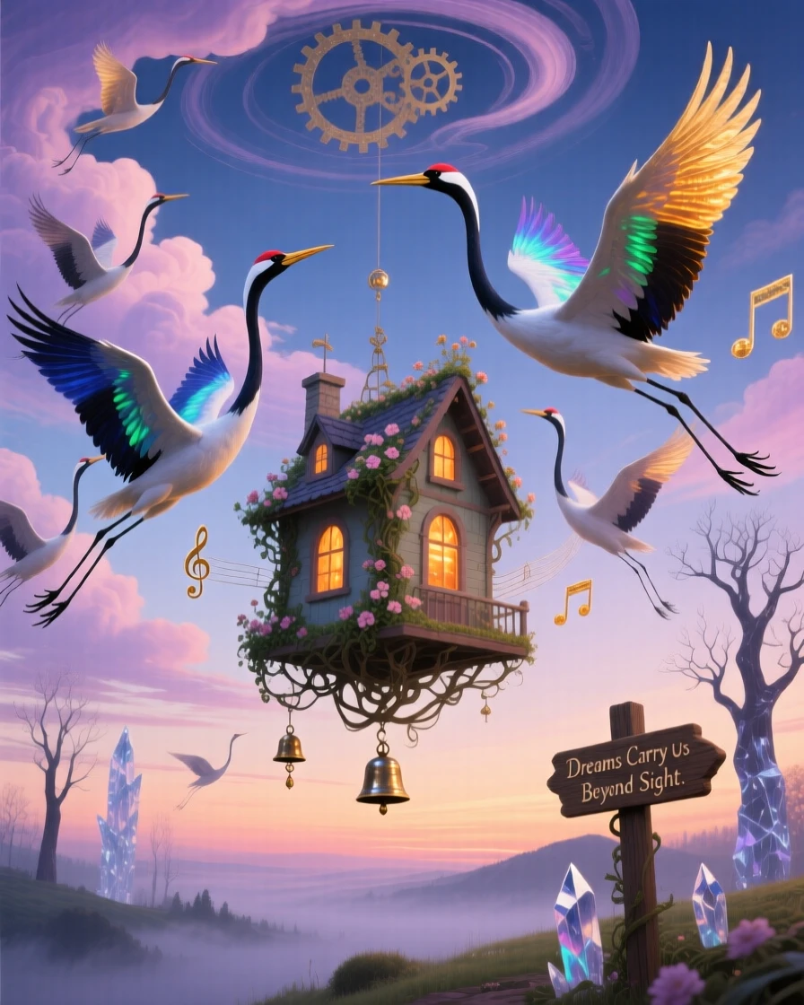 A flock of cranes carrying a small house gently between them drifts silently beneath a sky painted in soft twilight colors, while distant chimes seem to echo with each small movement.
