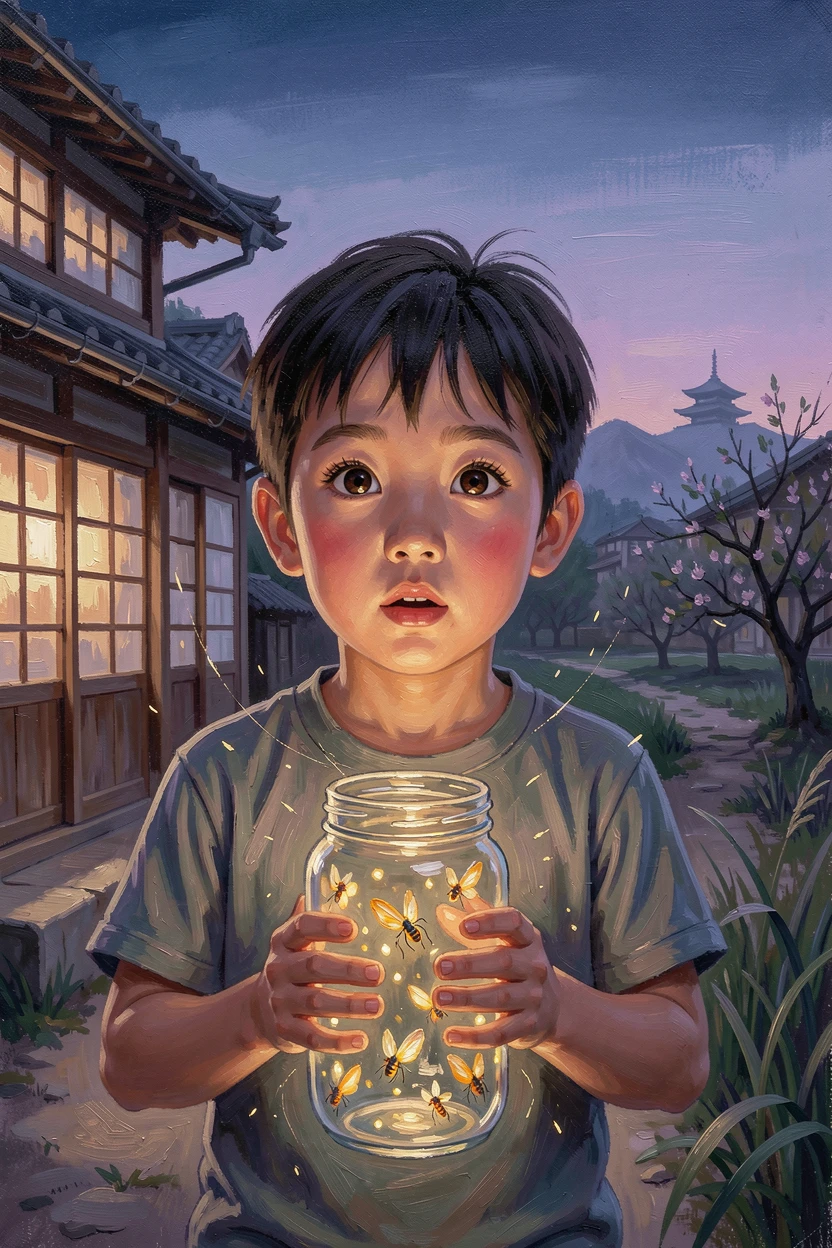 A young boy carefully carries a jar of fireflies he caught at dusk, tiny glowing lights reflecting in his wide amazed eyes, their surroundings offering subtle clues about culture, place, and the moment being lived.