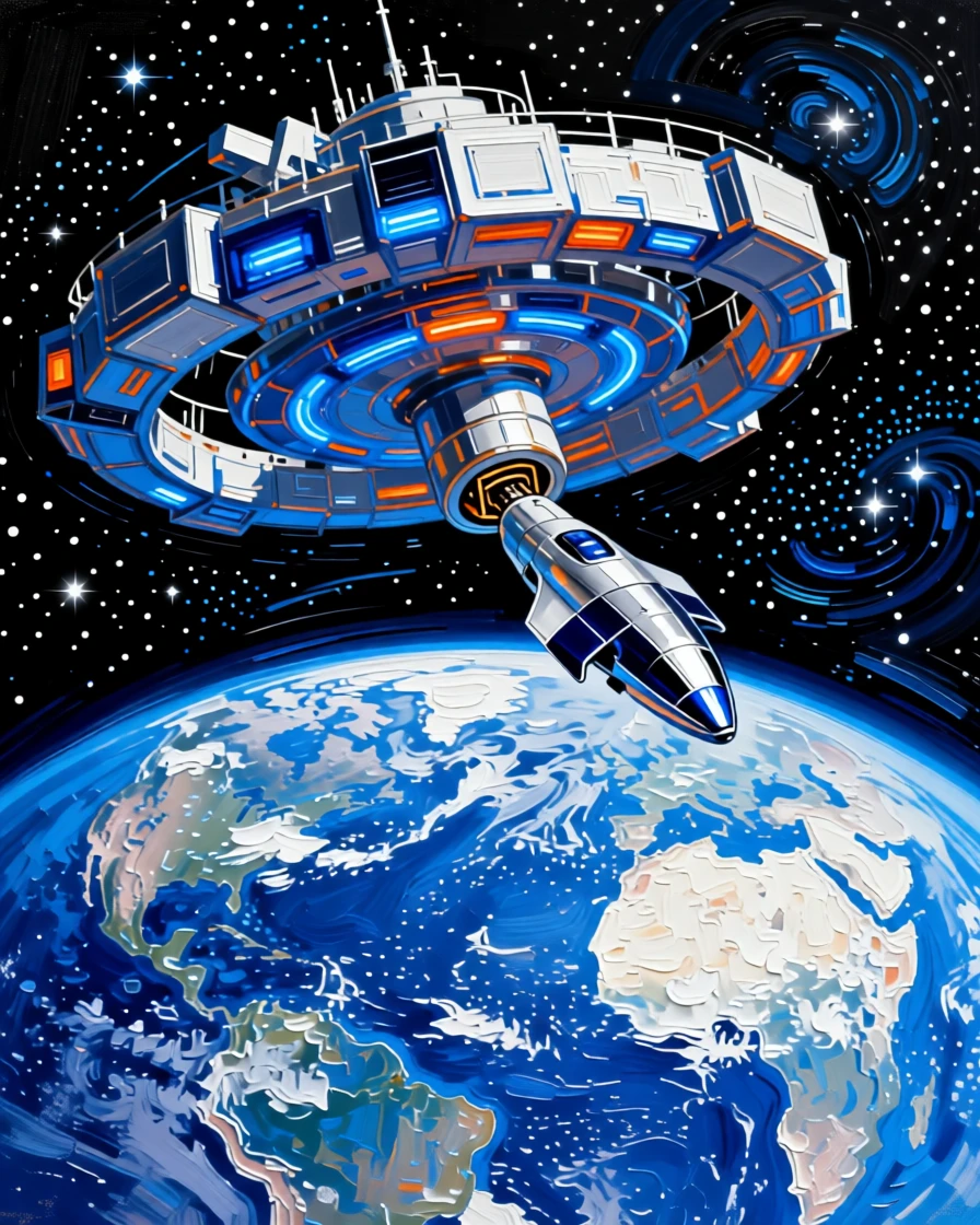 A spacecraft docking silently at a rotating space station above a blue and white Earth