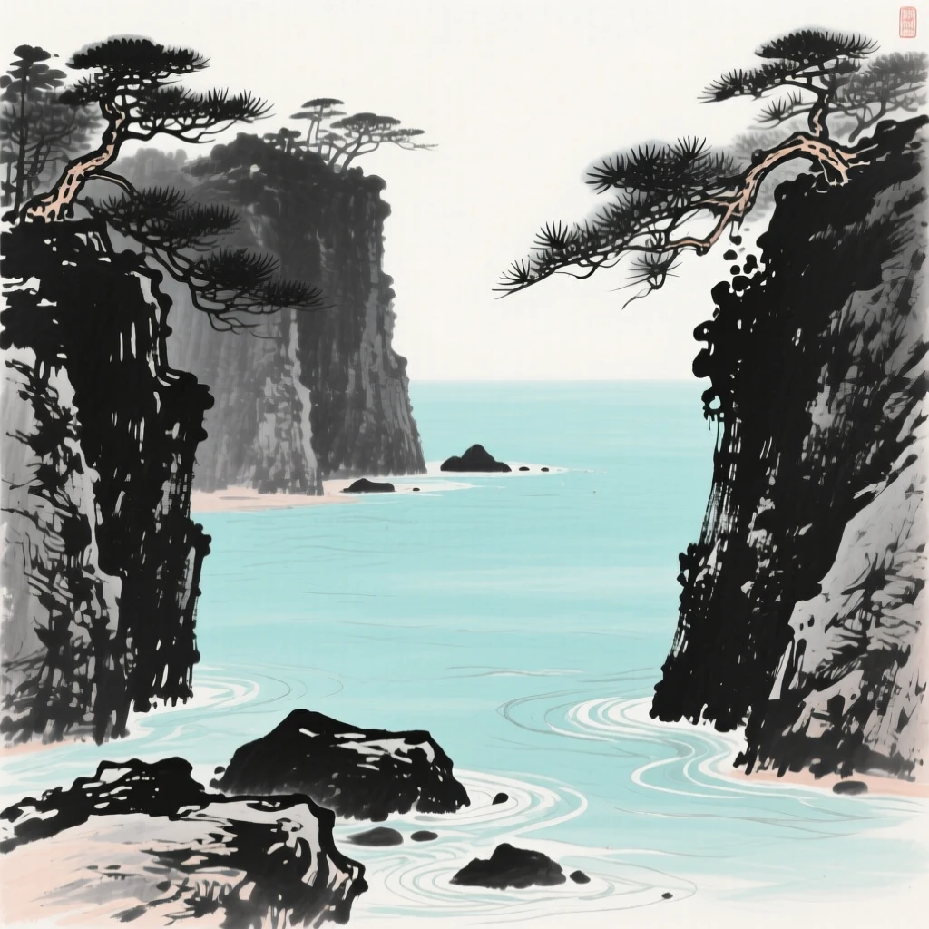 A quiet cove opens onto calm turquoise water framed by pine-covered cliffs, as the tide pulls gently back from the rocks.