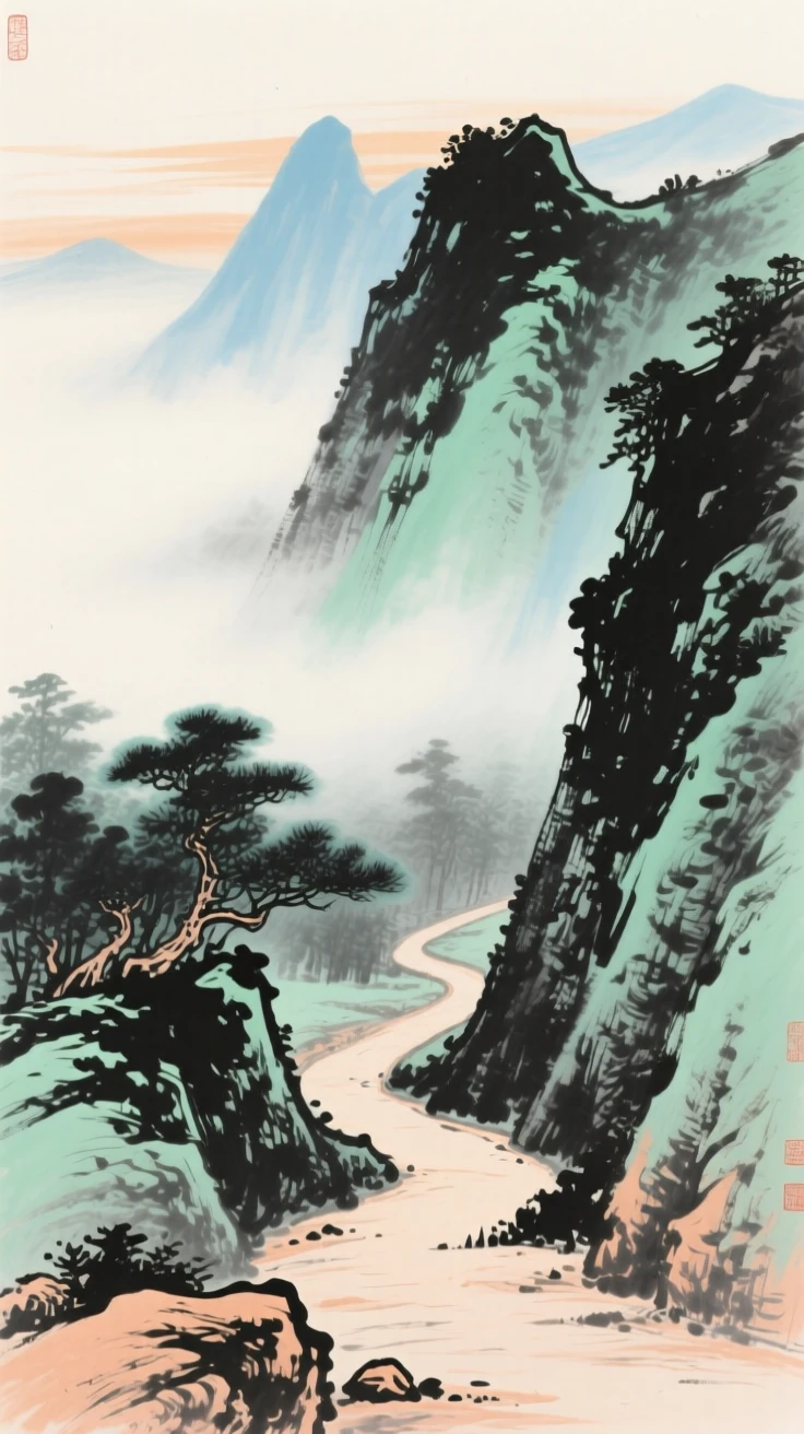 An empty mountain path disappearing into drifting fog, in the soft light of late afternoon.