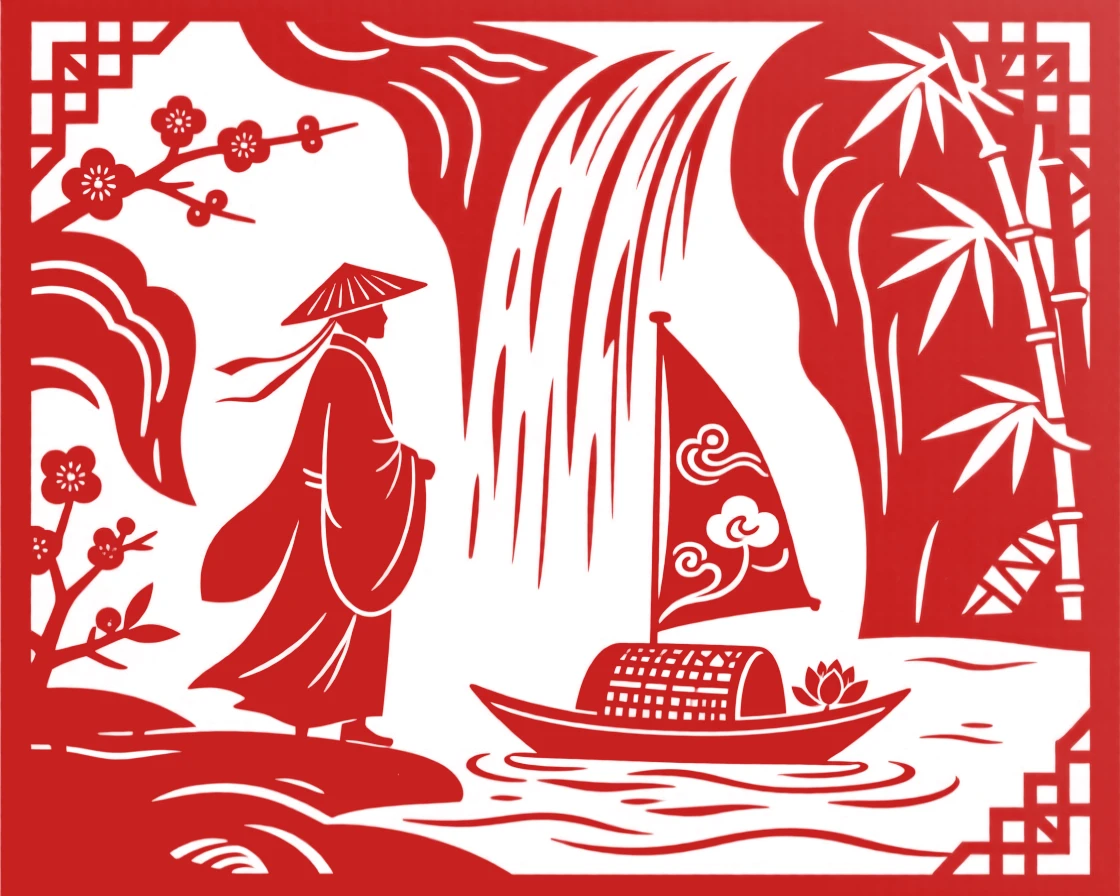 A composition of a solitary traveler beside a cascading waterfall, a single boat drifting on the current far below.