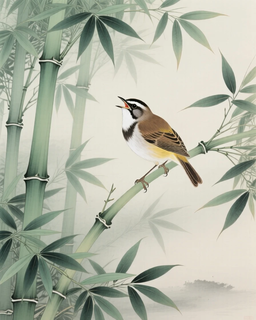 A nightingale calling out from a bamboo grove, soft morning light filtering through the branches