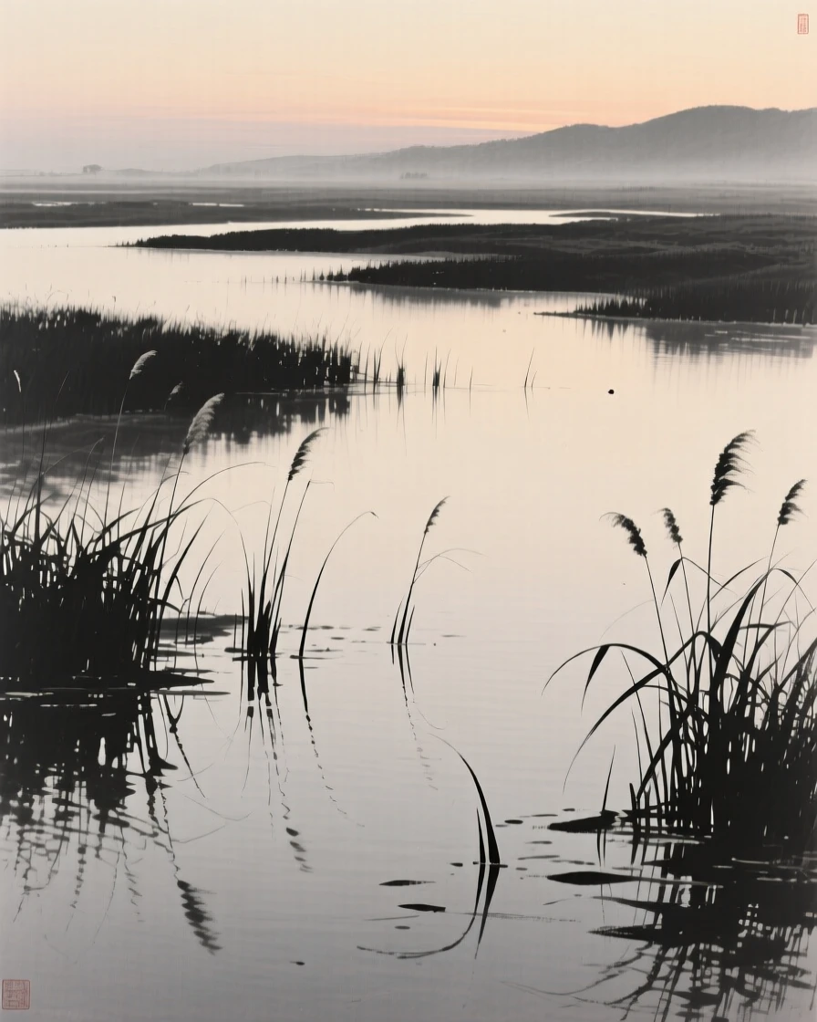 A tranquil marsh dotted with reeds and still water as evening shadows stretch long across the land, seen from across the water, the far shore reduced to soft silhouette, evoking a deep sense of solitude and quiet grandeur.