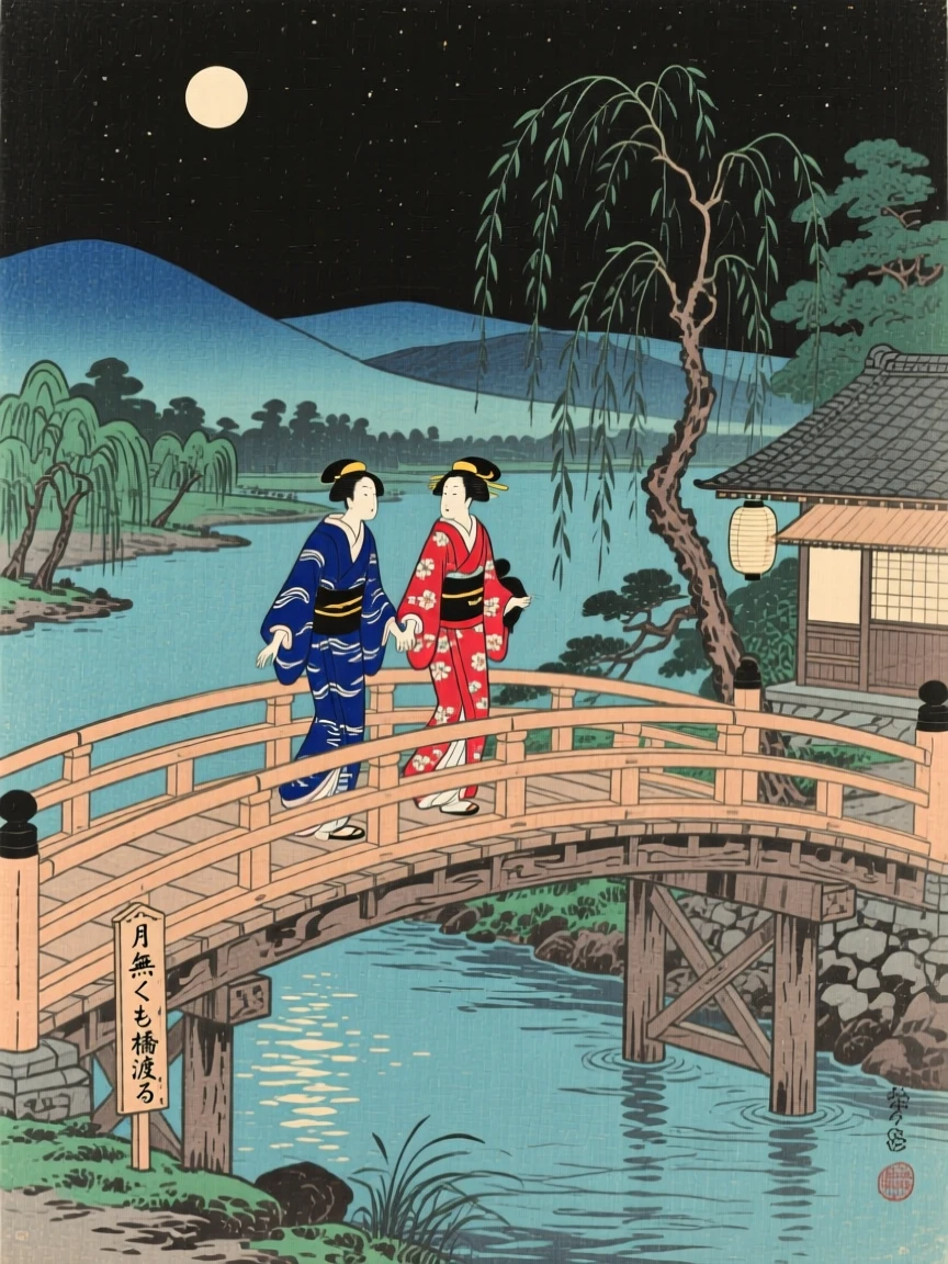 Two figures crossing a moonlit bridge hand in hand, on a clear moonless night.