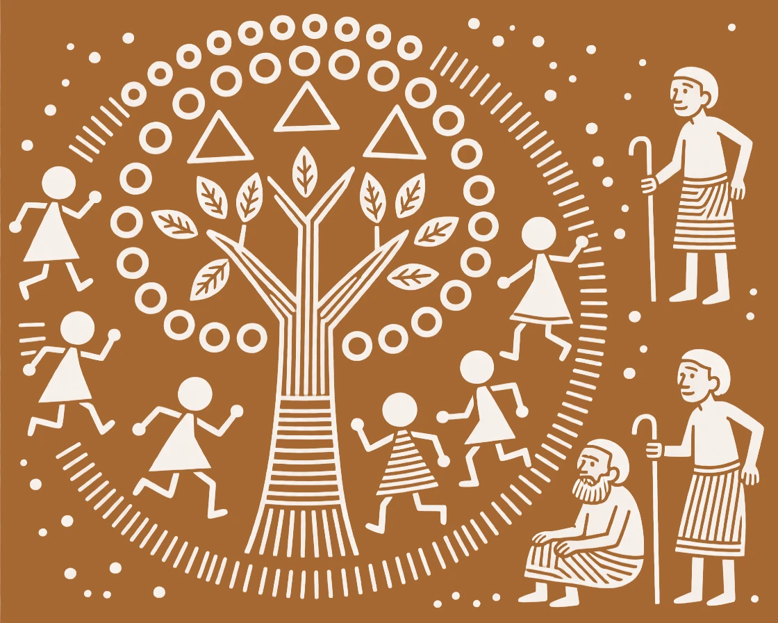 A composition centered on a tree of life ringed by children playing and elders watching.