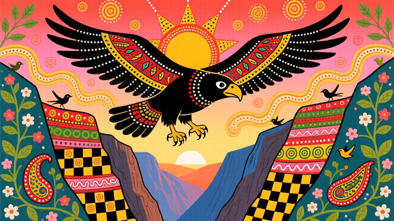 A condor soaring above a deep mountain canyon at dawn.