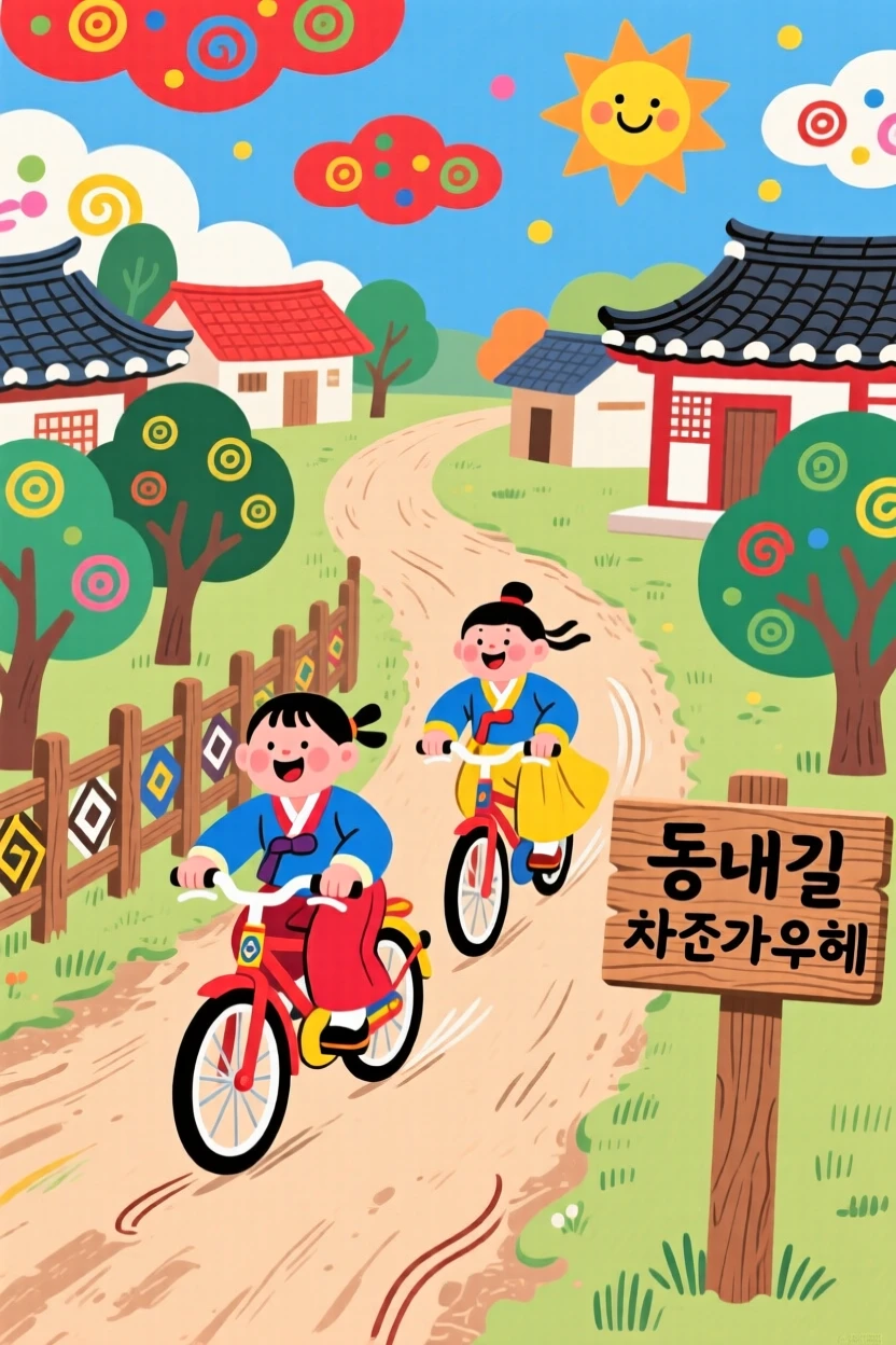 Childhood friends racing bicycles down a village lane.