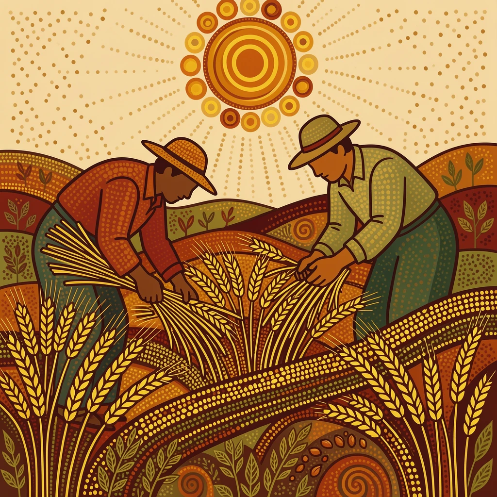 Farmers harvesting golden wheat by hand
