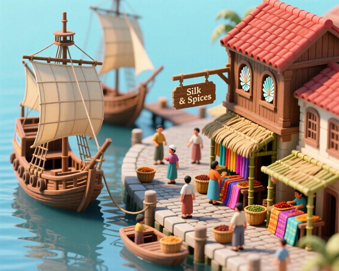A colonial Filipino harbor town with galleons docked, merchants trading silk and spices along a bustling waterfront.