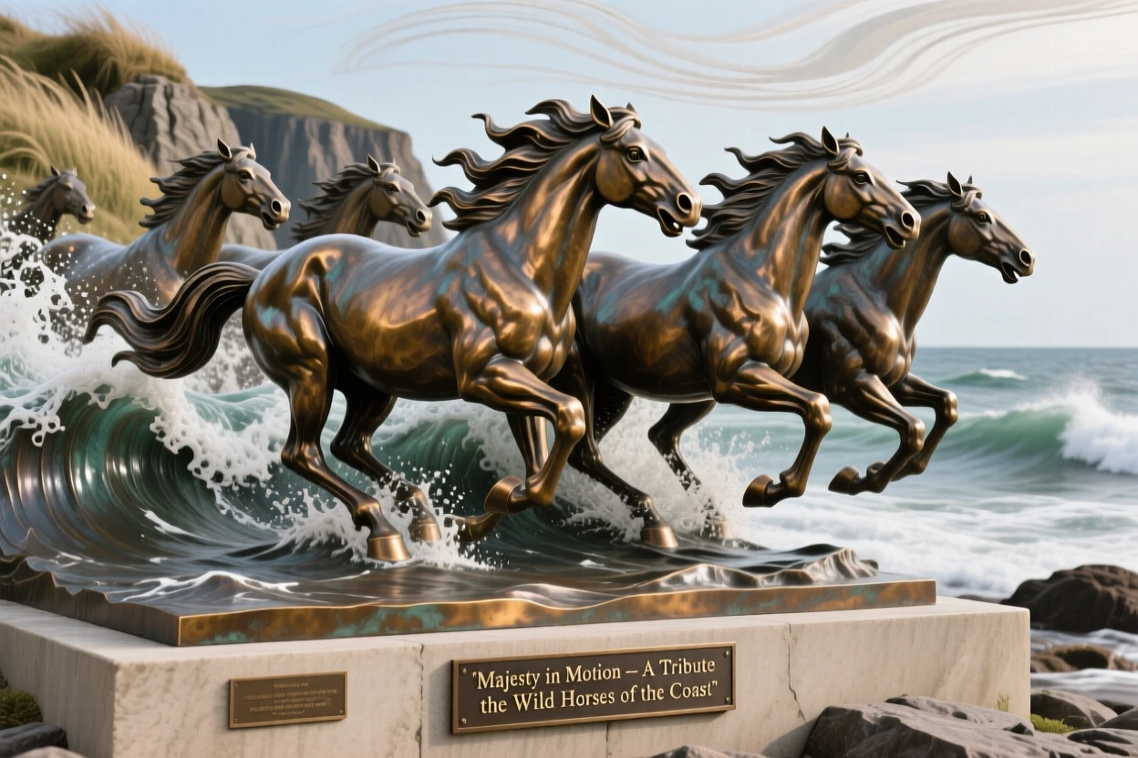 A herd of wild horses thundering through the surf, set against a breathtaking natural backdrop, evoking wonder and majesty