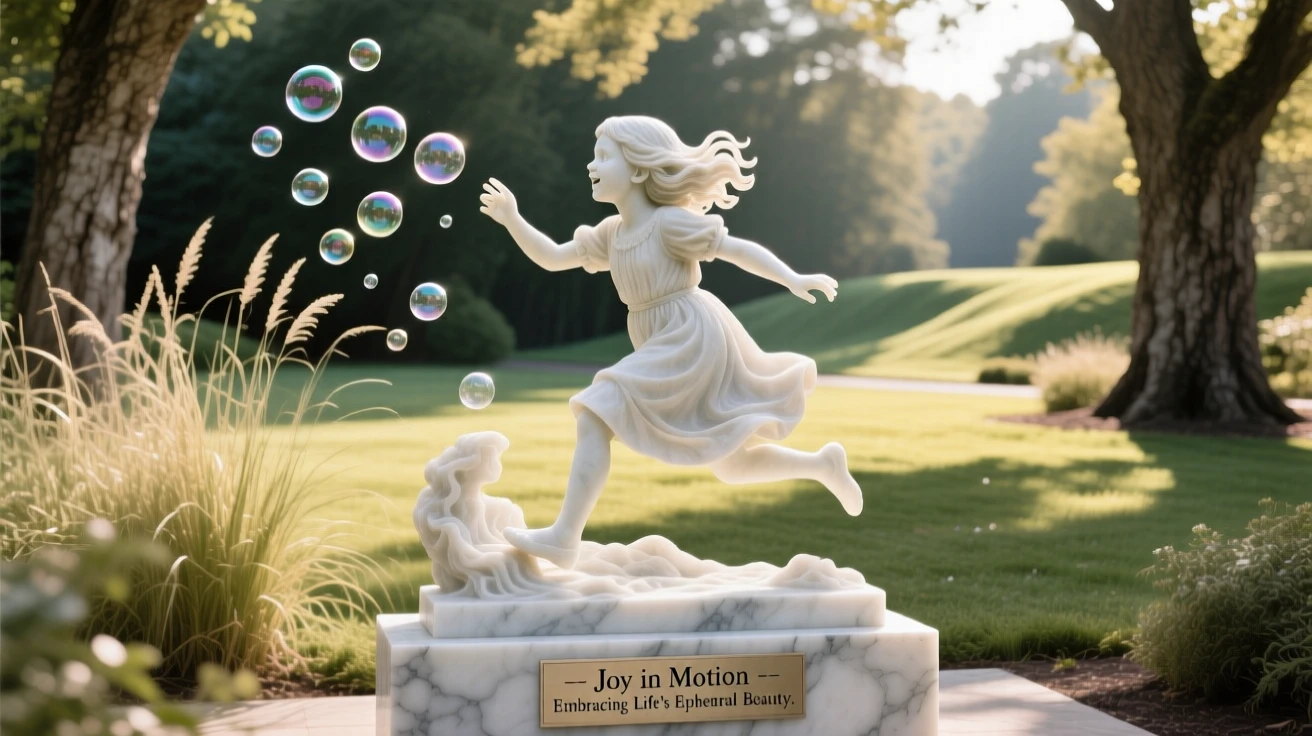 A vivid, emotionally rich scene of a young girl chasing bubbles in a sunlit yard, framed by dramatic natural scenery, designed to captivate and inspire