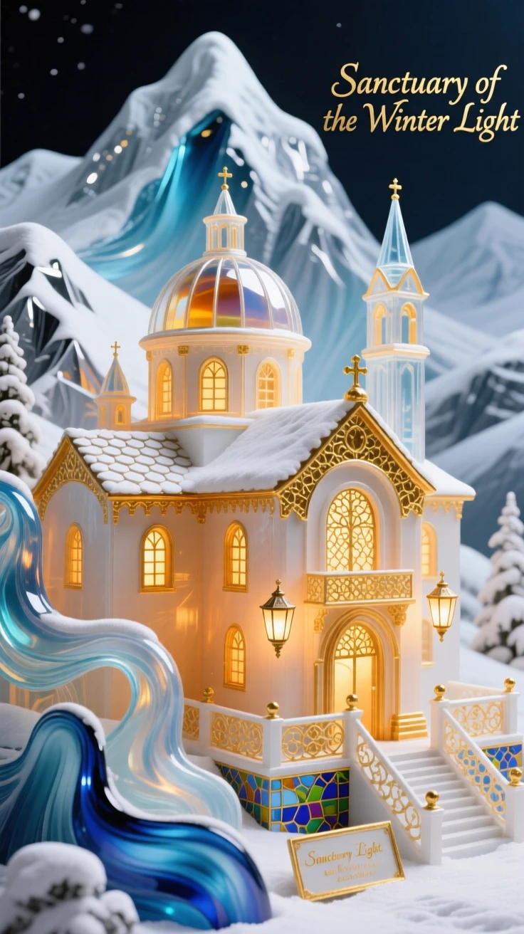 A grand mountain monastery glowing warmly beneath a blanket of the freshest fallen snow, spiritual and cozy.