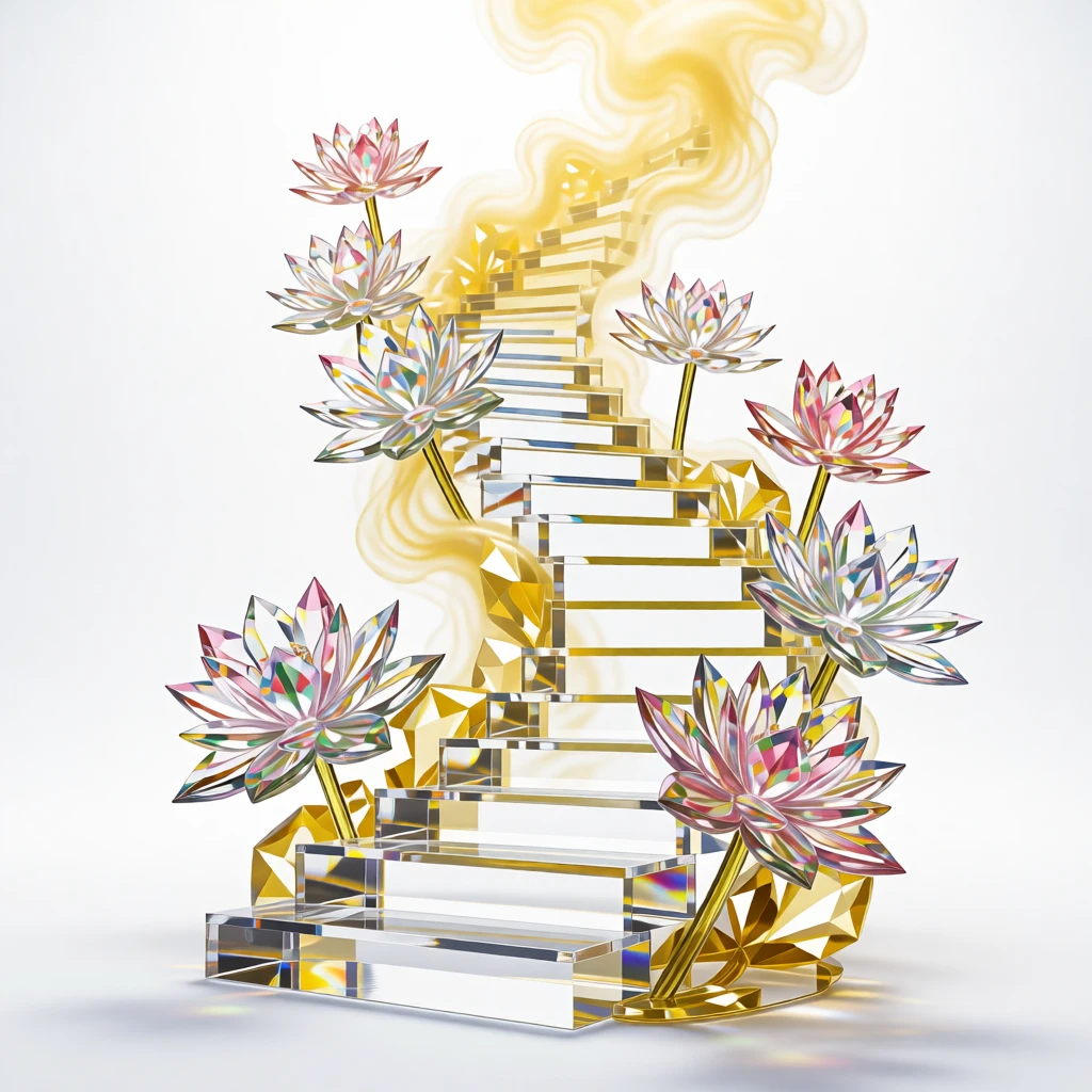 A dreamlike staircase of blooming lotus flowers ascending into golden mist.