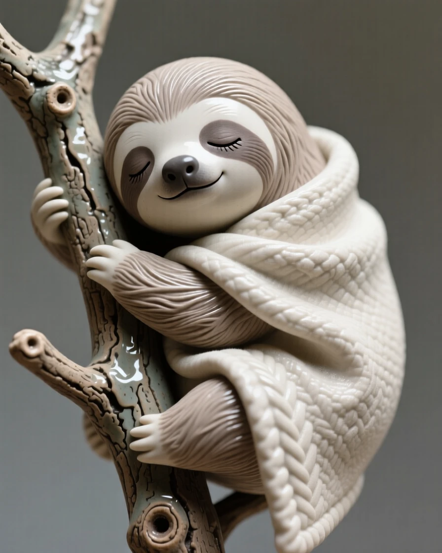 A sleepy baby sloth clinging to a branch posed with an adorably curious tilt of the head, wrapped snugly in a soft cozy blanket, capturing a moment of pure childlike delight.